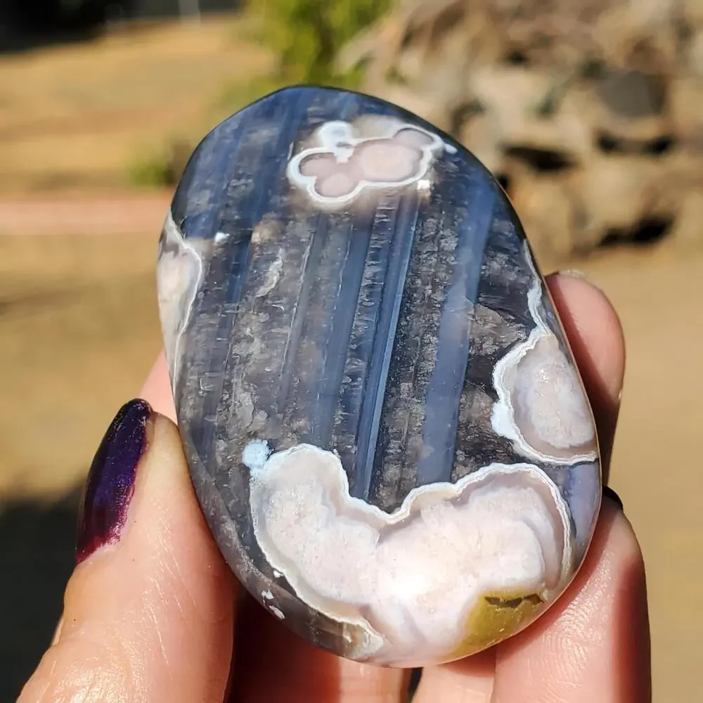Blue Flower Blossom Agate Translucent Palmstone Crystal 68 grams